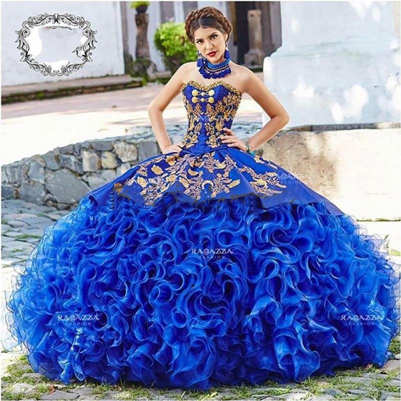 blue and gold quinceanera dresses